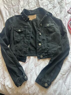 Garage Black Studded Collar Cropped Jean Jacket